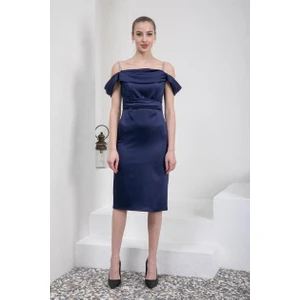 Kayık Yaka Lacivert Saten Abiye Elbise
