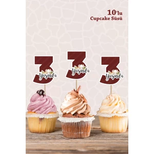 Neşeli Günlerim Safari Hayvanları Pastel 3 Yaşında Cupcake Süsü *10'lu Kalın Kağıt