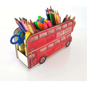 Ahşap Happy City Bus Masaüstü Kalemlik Kalem Kutusu ve Organizer