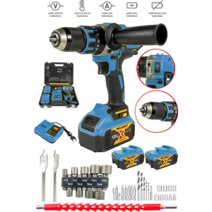 128 V 10 Ah Bakır Sargılı Darbeli Şarjlı Matkap Çift Akülü Metal Şanzıman Vidalama 39 Parça Setli