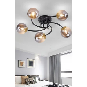 Luxury Model Plafonyer Beşli Siyah Modern Füme Camlı Avize