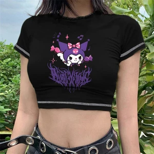 Touz Moda Kuromi Baskılı Ters Dikiş Siyah Crop