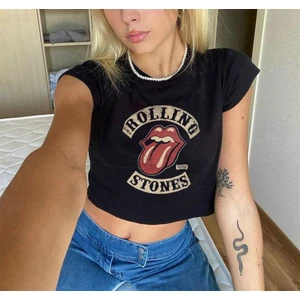 Touz Moda Rolling Stones Baskılı Siyah Crop