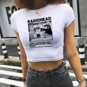 Touz Moda Radiohead Baskılı Beyaz Crop