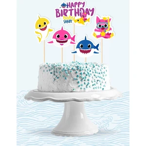 Neşeli Günlerim Baby Shark Temalı Doğum Günü * Pasta Süsü Set (Kalın Kağıt)