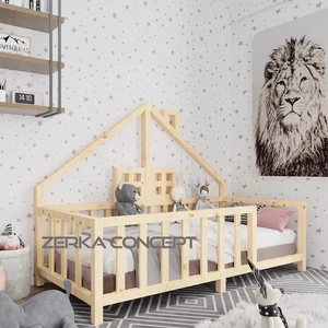 Zerka Concept Tesla Ithal Ladin Doğal Ahşap Çatılı Montessori Karyola 100*200 cm