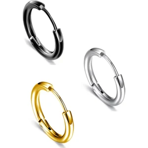 Trend Collection Unisex Cerrahi Çelik Siyah Gümüş Renk 12 mm Klasik 3'lü Halka Küpe Seti