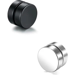 Trend Collection Siyah Gümüş Yuvarlak Mıknatıslı 8mm Mıknatıs Manyetik Çelik Küpe Set