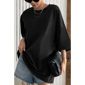 Siyah Basic Düz Baskısız Oversize Salas Boyfriend Kadın T-Shirt