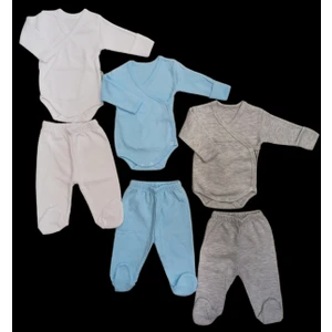 Özdemirli Bebe Uzun Kollu Kendinden Eldiven Çıtçıtlı Kruvaze Badi ve Patikli Alt ( 3 Takım Beyaz-Mavi-Gri)