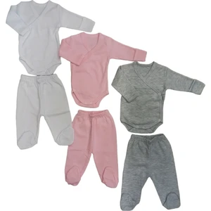 Uzun Kollu Kendinden Eldiven Çıtçıtlı Kruvaze Badi ve Patikli Alt ( 3 Takım Beyaz-Pembe-Gri)