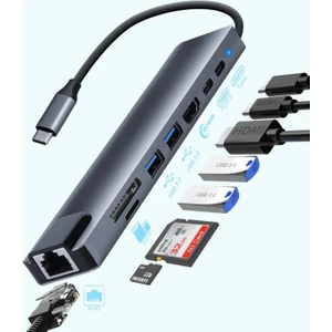 8 In 1 Çevirici Hub Dizüstü Bilgisayar Uyumlu USB Type-C Dönüştürücü Çevirici Çoklayıcı Hdmı Micro Sd Dönüştürücü