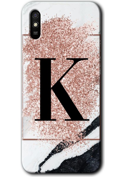 Xiaomi Redmi 9A Kılıf Baskılı Arka Kapak - Pembe Mermer Desenli K Harfi +Tam Ekran Koruyucu