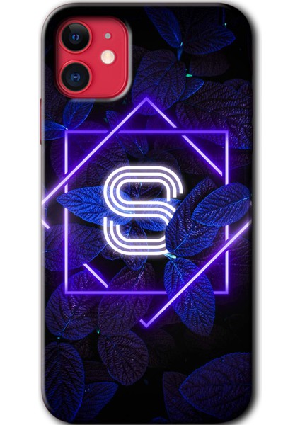 Apple iPhone 11 Kılıf Baskılı Kapak - Dark Neon Yaprak S Harfi + 5d Tam Kaplayan Cam