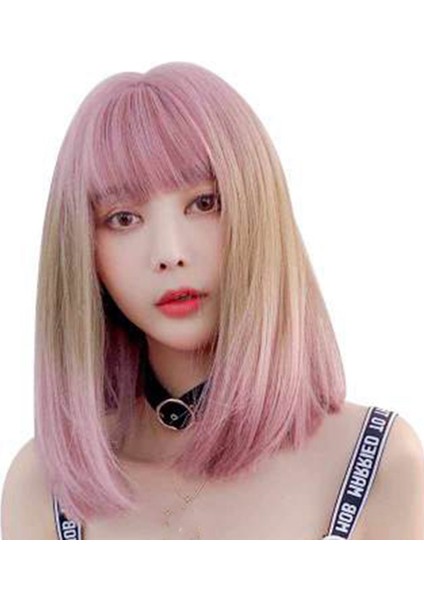 Ön Koparıp Düz Ön Peruk Altın Kadınlar Için Brezilyalı Kısa Bob Peruk-Pembe (Yurt Dışından)