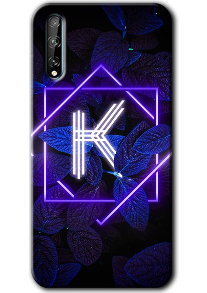 Huawei P Smart S Kılıf Baskılı Kapak - Dark Neon Yaprak K Harfi + 5d Tam Kaplayan Cam