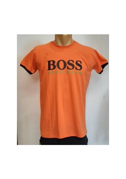 Turuncu Kabartma Baskılı Kısa Kol T-Shirt