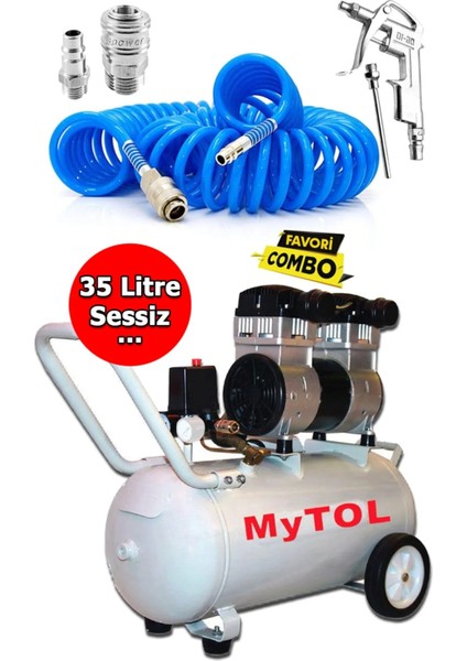 35 Lt Ultra Sessiz Yağsız Hava Kompresörü ve 15 mt Hava Hortumu Seti 8 Bar Full Set