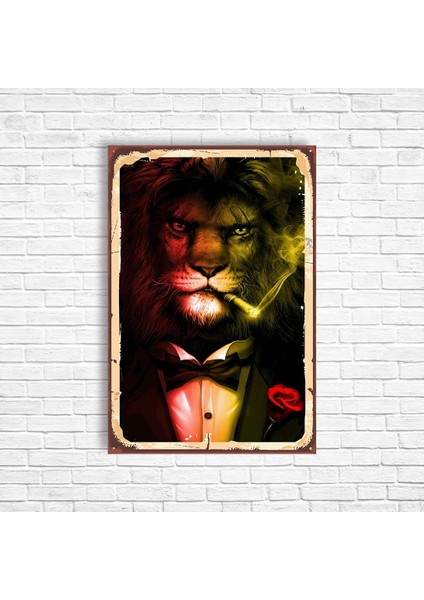 Kral Aslan Sarı Kırmızı Tablo Retro Ahşap Poster