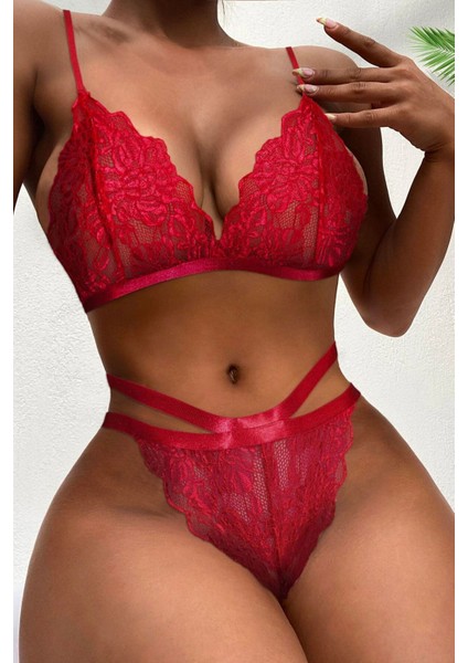 Dantel Işlemeli Sütyen Takım Kırmızı