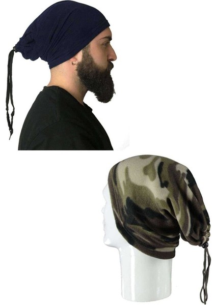 2 Adet Polar İpli Bere ve Boyunluk Lacivert Kamuflaj