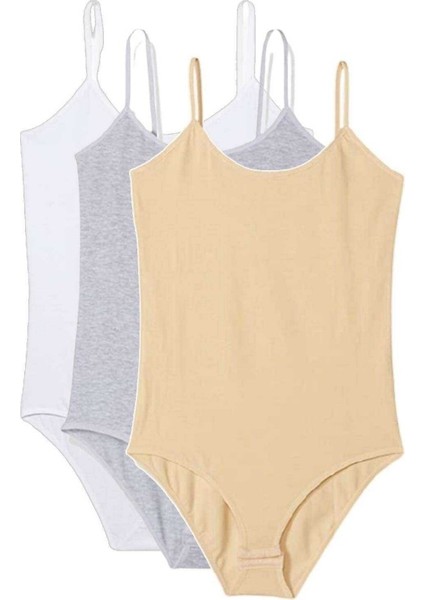 3 Adet Ip Askılı Kadın Çıtçıtlı Body Beyaz Gri Ten