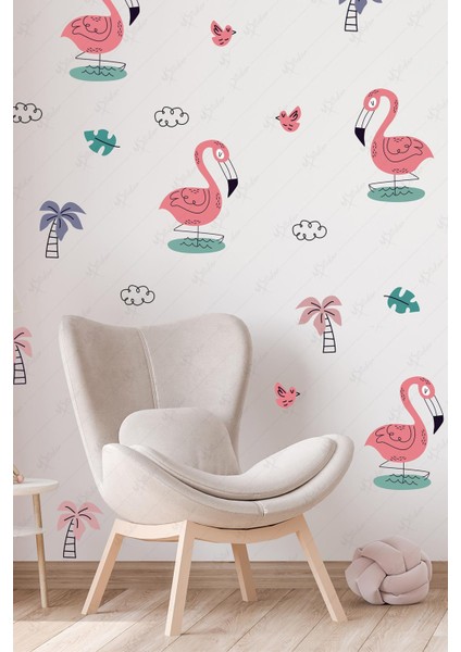 Flamingo Temalı Soft Renklerde Çocuk Bebek Odası Cam Duvar Sticker Seti fiyatları