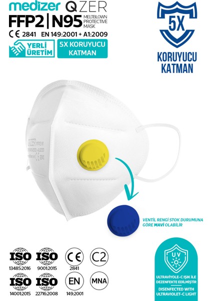 Qzer Beyaz 5 Katlı Ventilli Ffp2 Nr N95 Maske