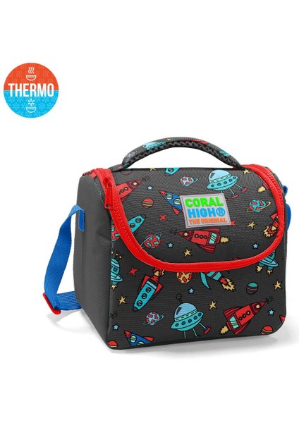 Kids Koyu Gri Kırmızı Uzay Desenli Thermo Beslenme Çantası 11808