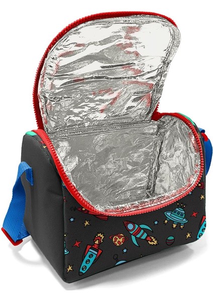 Kids Koyu Gri Kırmızı Uzay Desenli Thermo Beslenme Çantası 11808