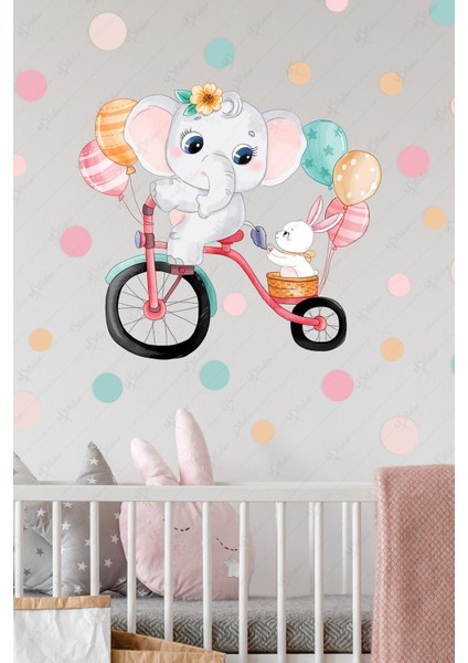 Bisiklet Süren Sevimli Fil ve Tavşan Sticker Seti, Çocuk Bebek Odası Sticker