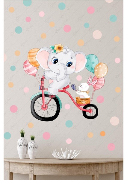 Bisiklet Süren Sevimli Fil ve Tavşan Sticker Seti, Çocuk Bebek Odası Sticker fiyatları