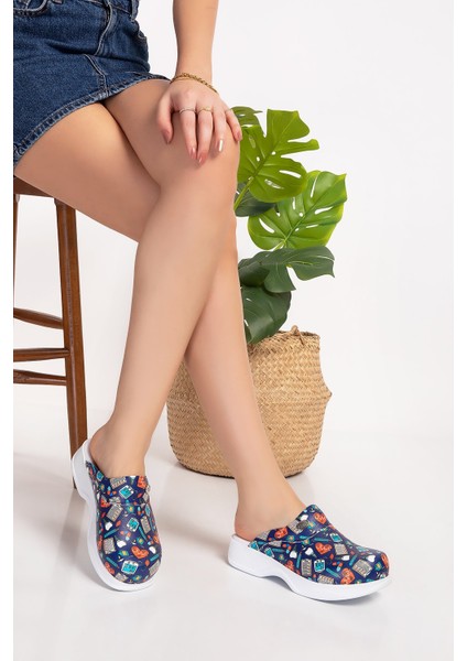 Lacivert Renk Desenli Bayan Klasik Ortopedik Sabo Terlik 114/214