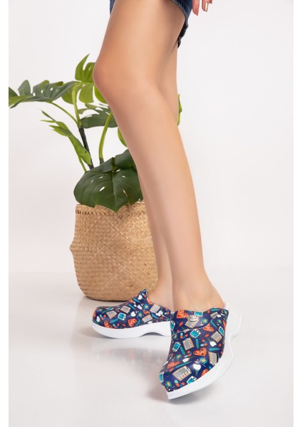 Lacivert Renk Desenli Bayan Klasik Ortopedik Sabo Terlik 114/214 fiyatları