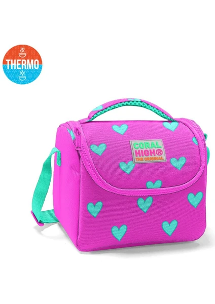 Coral High Kids Neon Pembe Su Yeşili Kalp Desenli Thermo Beslenme Çantası 11806