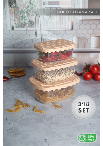 Aes Home Çikolata Desenli Maxi Boy Sızdırmaz Kapaklı Saklama Kapları 3'lü Set Sütlü Kahve