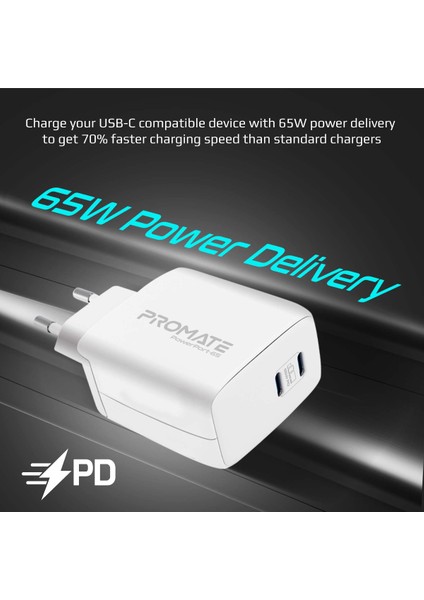 Powerport-65 65W Süper Hızlı Ganfast 2xtype-C Pd Şarj Cihazı Adaptörü, Tabletler, Akıllı Telefonlar, Dizüstü Bilgisayarlar Ultra Kompakt Duvar Şarj Cihazı