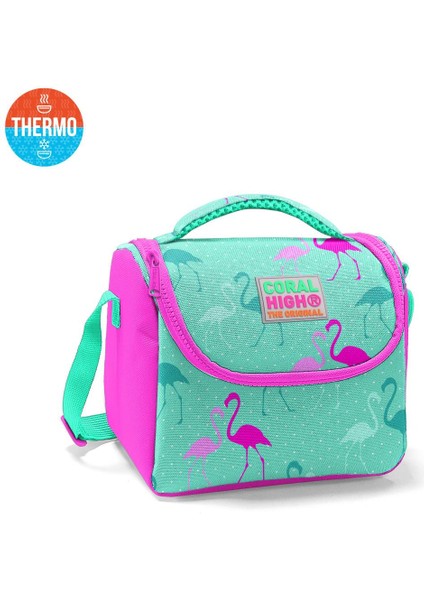 Kids Su Yeşili Neon Pembe Flamingo Desenli Thermo Beslenme Çantası 11804