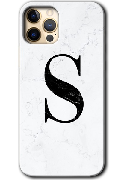 Apple iPhone 11 Pro Kılıf Baskılı Kapak - Beyaz Mermer Desenli S Harfi + 5d Tam Kaplayan Cam