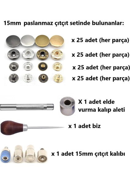 100 Adet 15MM Paslanmaz Alfa Çıtçıt Yapım Seti - Aparatlar, Biz ve 100 Takım Çıtçıt