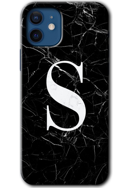 iPhone 12 Kılıf Baskılı Kapak - Siyah Mermer Desenli S Harfi + 5d Tam Kaplayan Cam