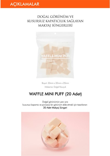 Mıssha Doğal ve Kusursuz Kapatıcılık Sağlayan Makyaj Süngeri Waffle Mini Puff 20 Adet