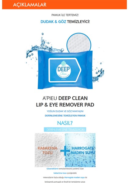 Göz&Dudak Makyaj Temizleyici Pamuk (30ad) A'PIEU Deep Clean Lip&Eye Remover Pad
