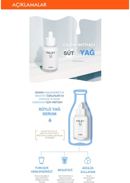 Süt Proteini İle Pürüzsüzleştirici ve Aydınlatıcı Serum 35ml A'PIEU Milky U