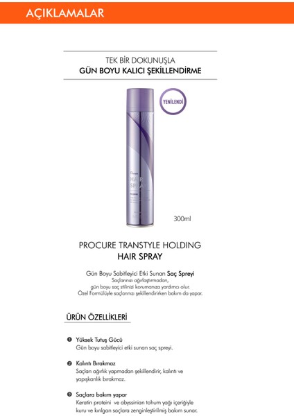 Saç Sabitleyici Sprey 300ml Procure Transtyle Holding Hair Spray fiyatları