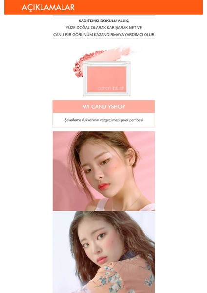 Gün Boyu Kalıcı, Ciltle Bütünleşen, Kadife Dokulu Topaklanmayan Allık Cotton Blusher (My Candy Shop) fiyatları
