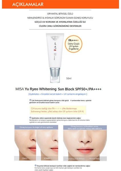 Aydınlatıcı Beyazlatıcı Güneş Kremi 50ml Misa Yu Ryeo Whitening Sun Block SPF50+/PA++++