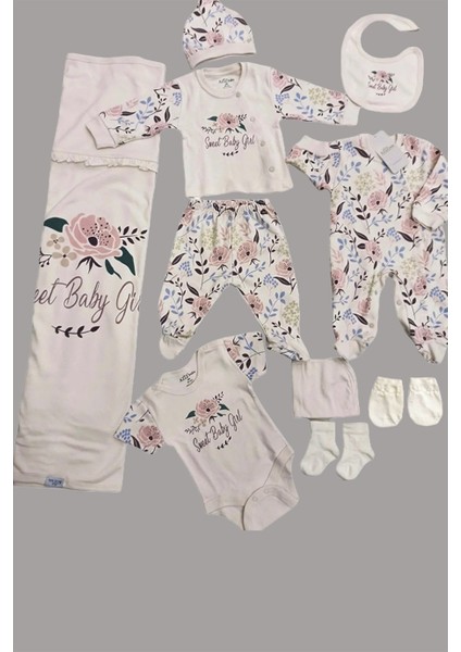 Kız Bebek Çiçek Desenli 10'lu Hastane Çıkışı Seti 010271 Krem