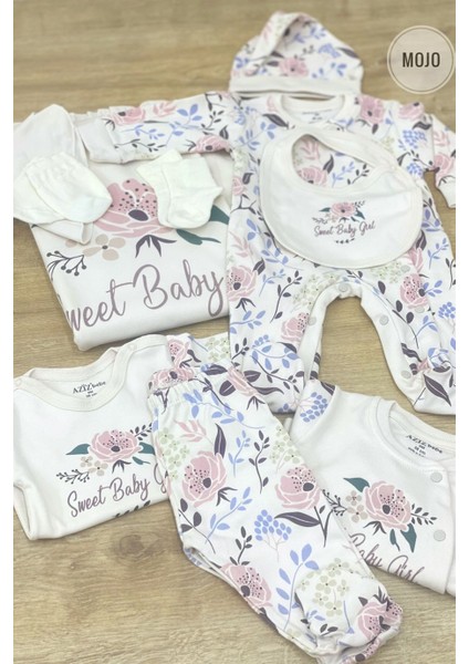 Kız Bebek Çiçek Desenli 10'lu Hastane Çıkışı Seti 010271 Krem