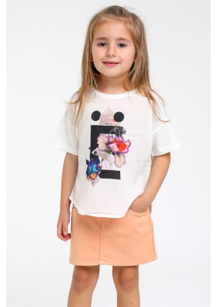 Mojo Kız Bebek Çiçek Baskılı Kısa Kol T-Shirt 35327 Ekru